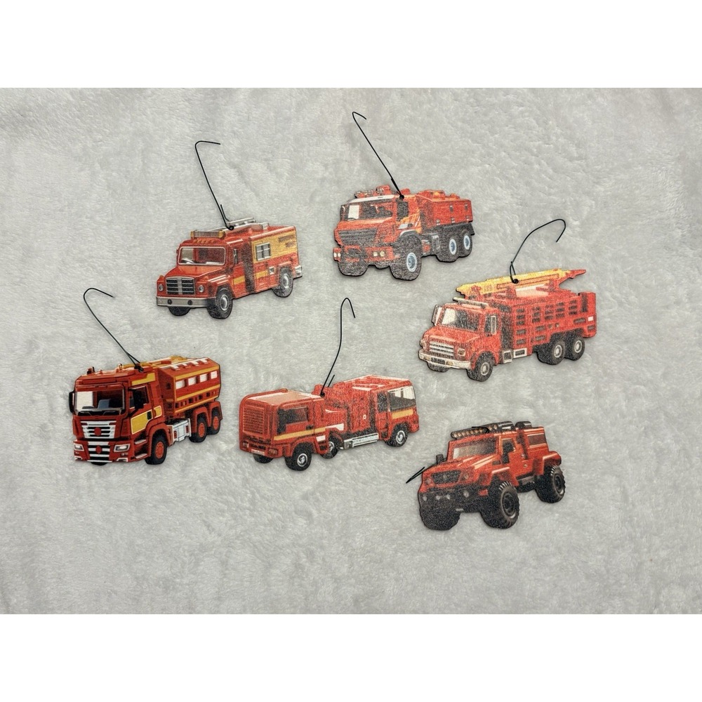 6pc Vintage Style Wooden Fire Truck Ornaments Set Firefighter Rescue Equipment